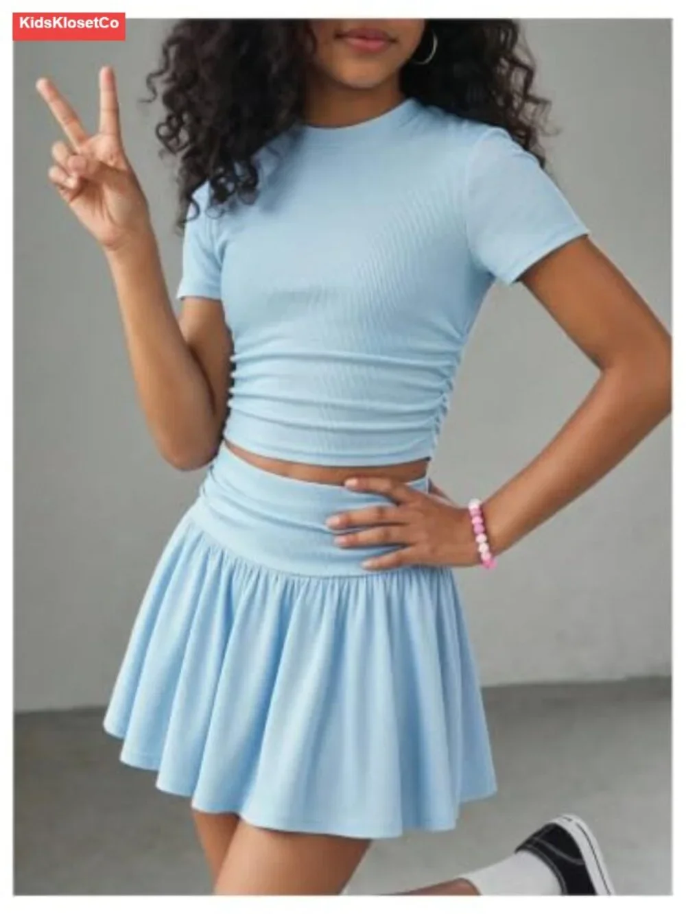 Girls 2-Piece Ribbed Knit Skirt Set with Ruffle Tee and Skort